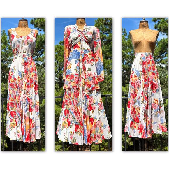 Vintage 90s Carole Little Semi Sheer Flowy 3 Piece Maxi Skirt Blouse + Duster S - Picture 1 of 10
